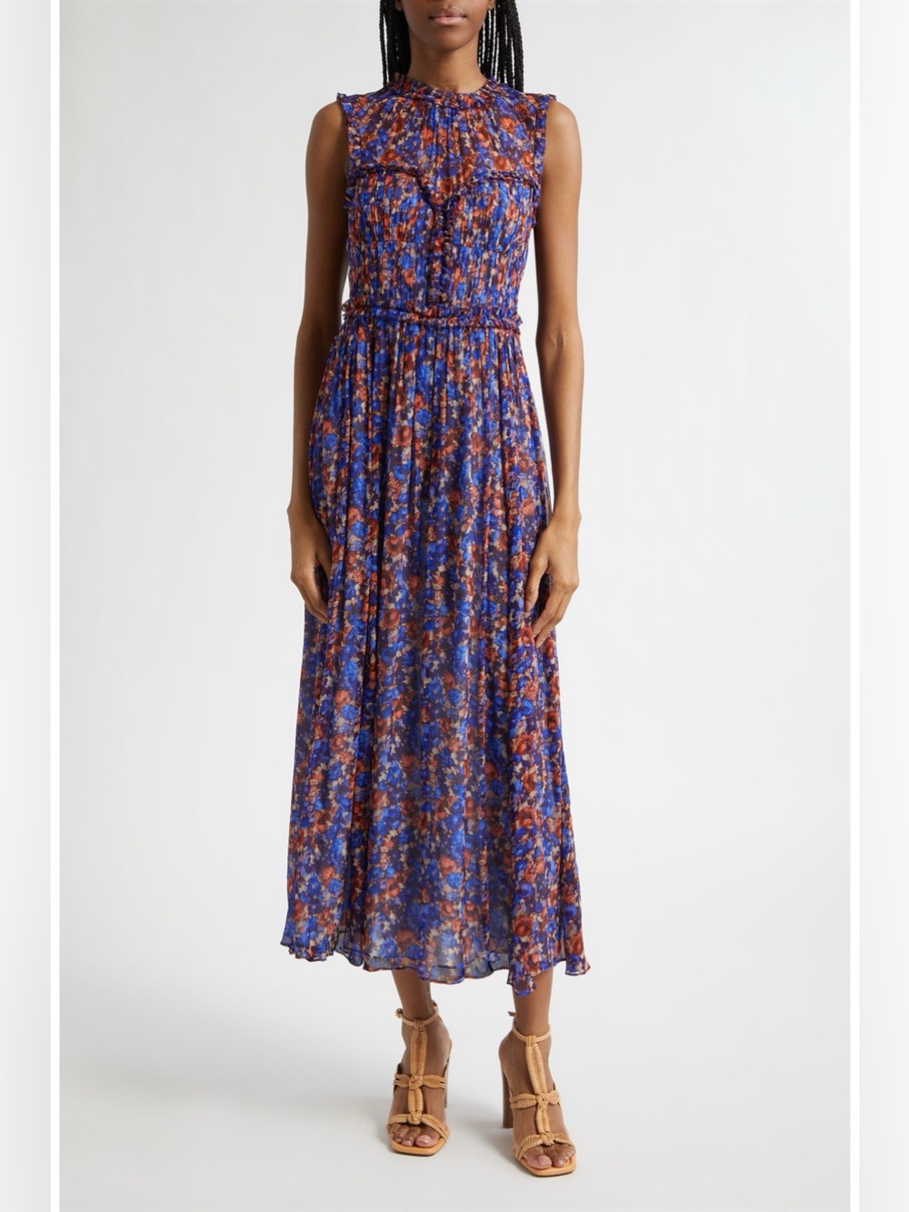 Ulla Johnson Kasia Floral Silk Midi Dress Violet Blue Rust Size 4